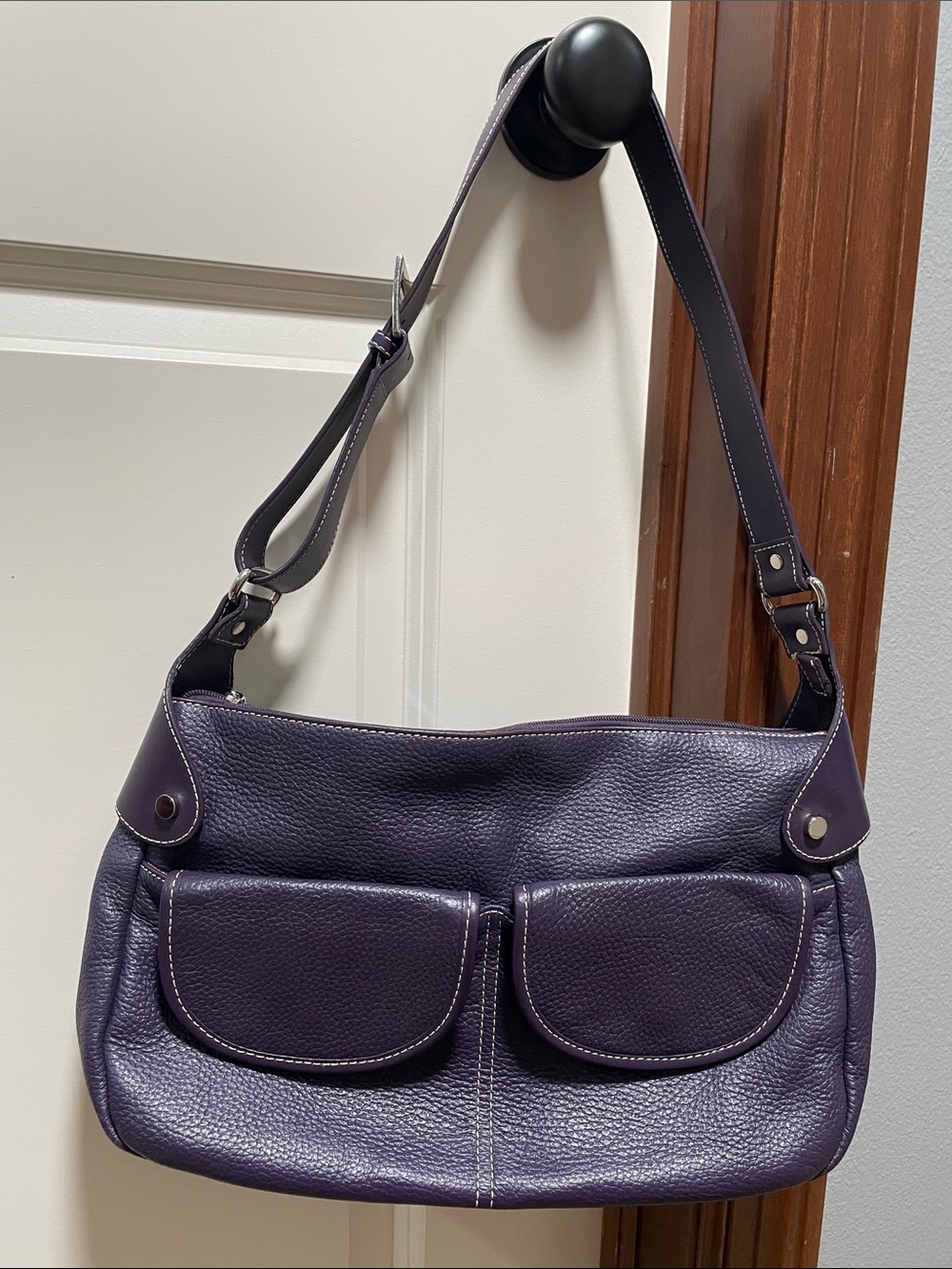 Max New York Pebbled Purple Leather Shoulder Bag with Front Flap Pockets